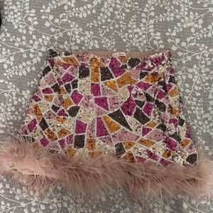 Colorful Sequin Mini Skirt with Feather Trim